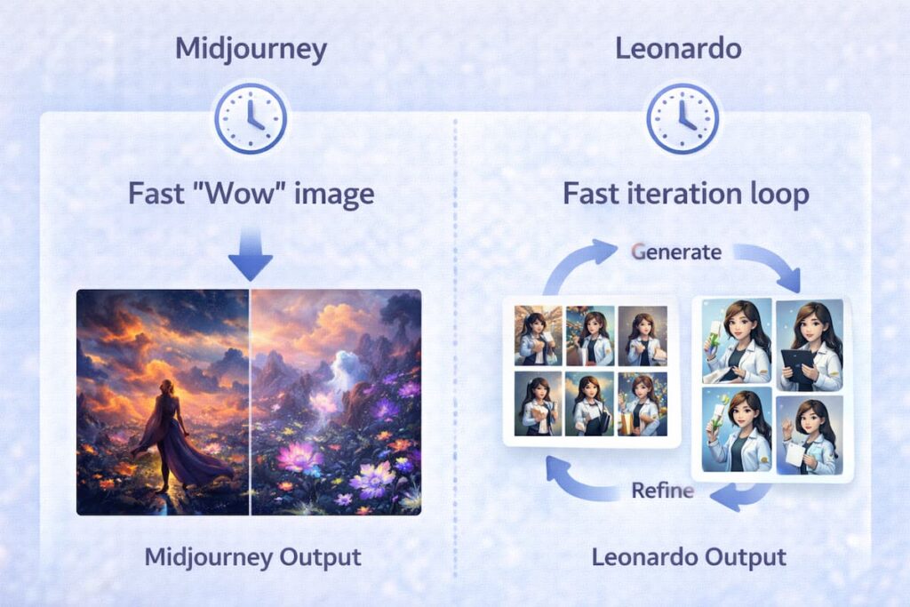 midjourney ai vs leonardo ai workflow